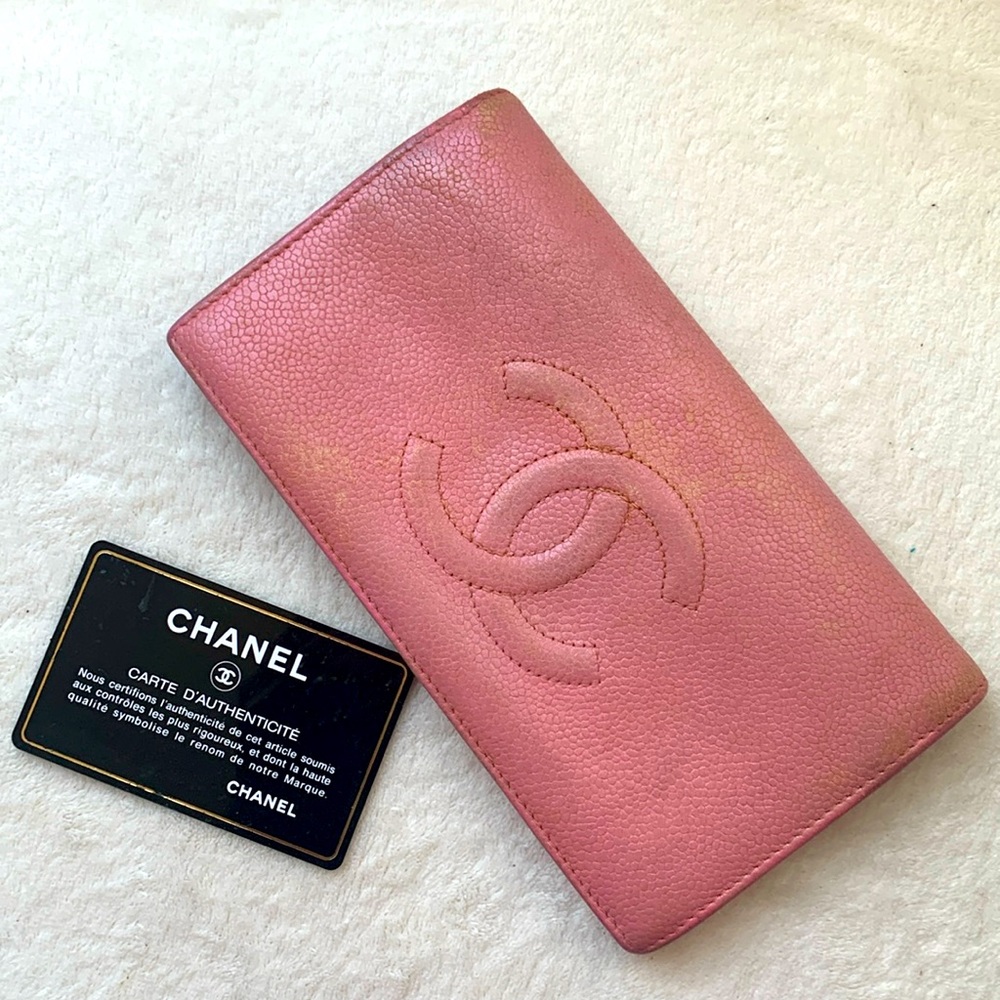 Authentic Chanel pink leather long wallet